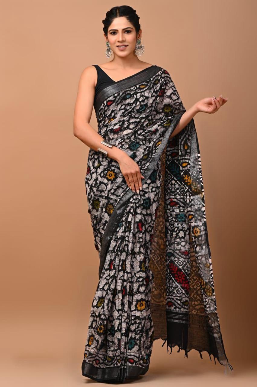 Exclusive Bagru Print Linen Cotton Saree  – Elegant Handcrafted Collection