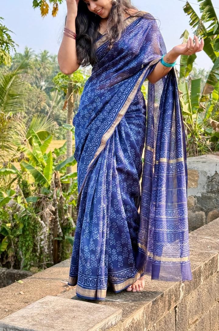 Handblock Printed Pure Maheshwari Silk Saree – Natural Colors