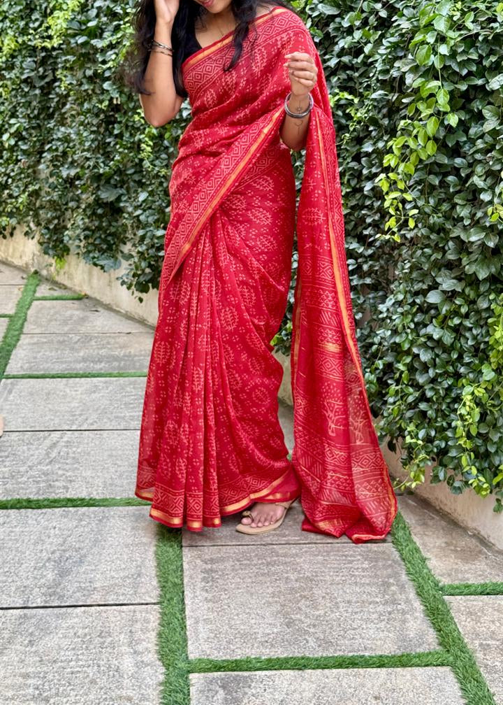 Handblock Printed Bagru Pure Chanderi Saree – Elegant Ethnic Wear