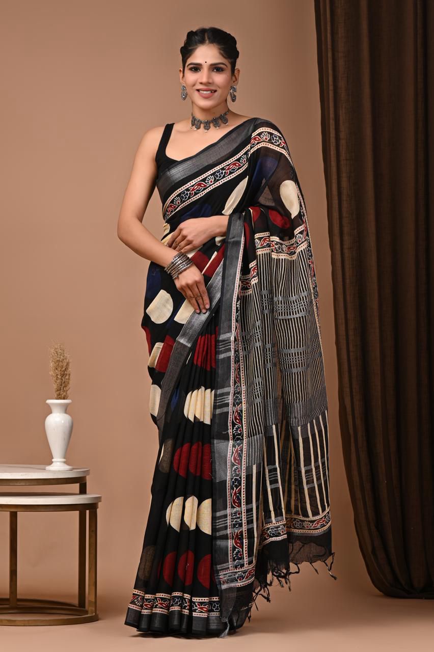 Exclusive Bagru Print Linen Cotton Saree  – Elegant Handcrafted Collection